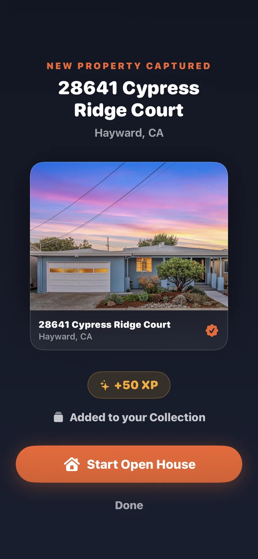 Zignin on iPhone confirming a new property was captured and added to the Collection, with XP earned and a Start Open House button