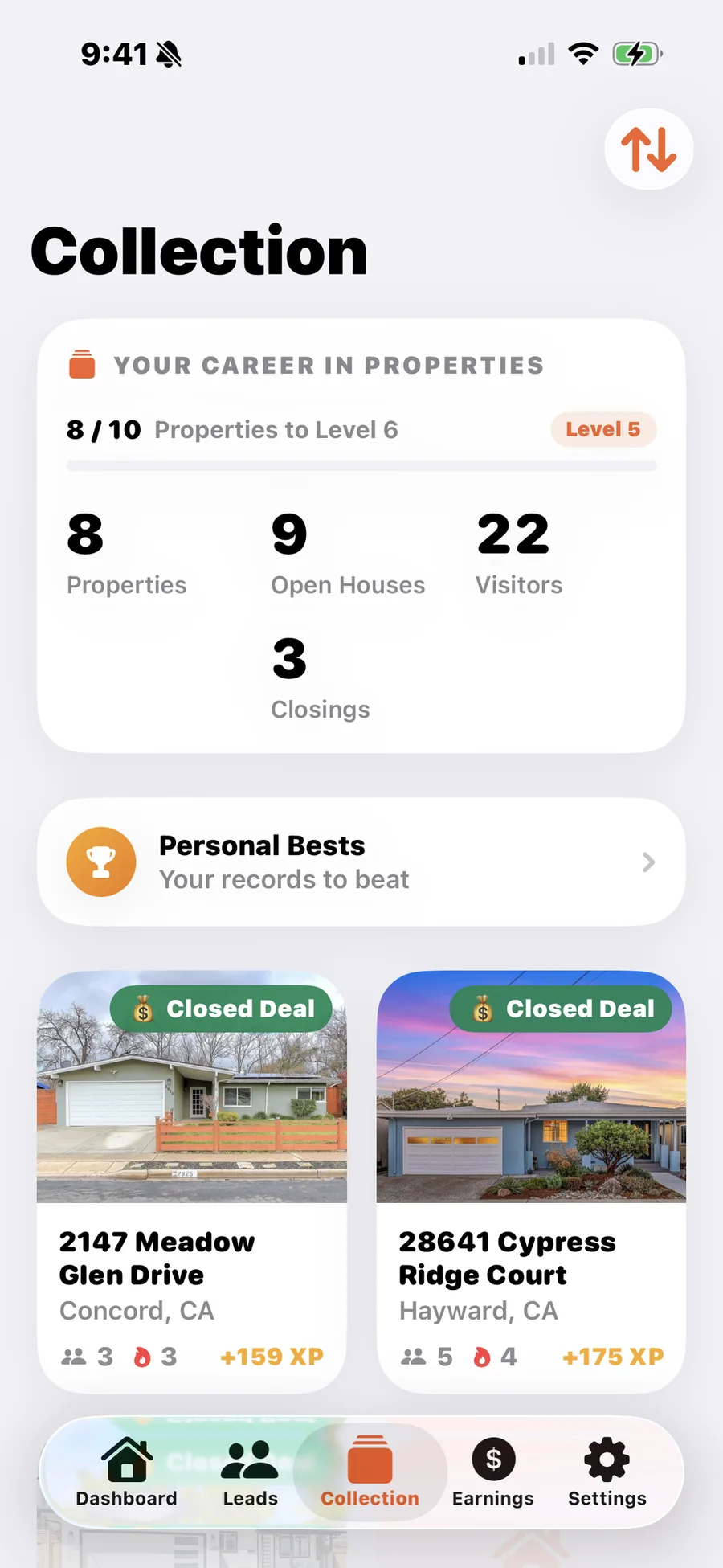The Zignin Collection on iPhone showing career totals for properties, open houses, visitors and closings above property cards from hosted open houses