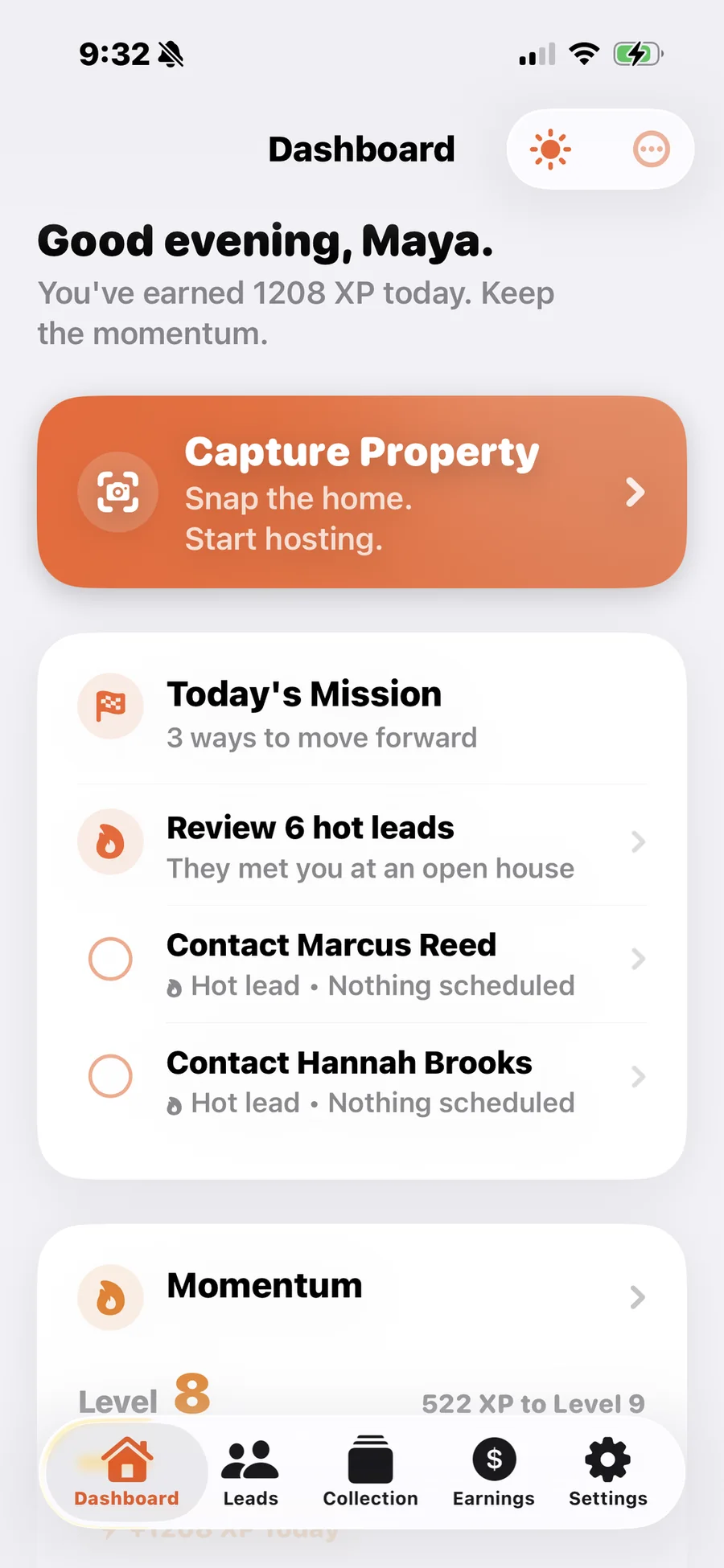 The Zignin dashboard on iPhone showing a Capture Property button, the daily mission with hot leads to contact, and a Momentum card at Level 8