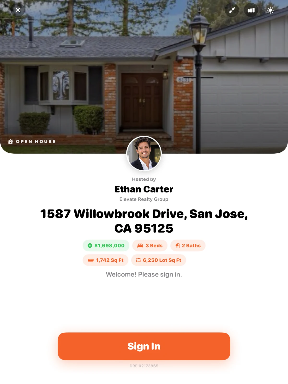 The Zignin visitor sign in kiosk on iPad, showing the property photo, the hosting agent, the address, price, beds, baths and square footage, and a large Sign In button