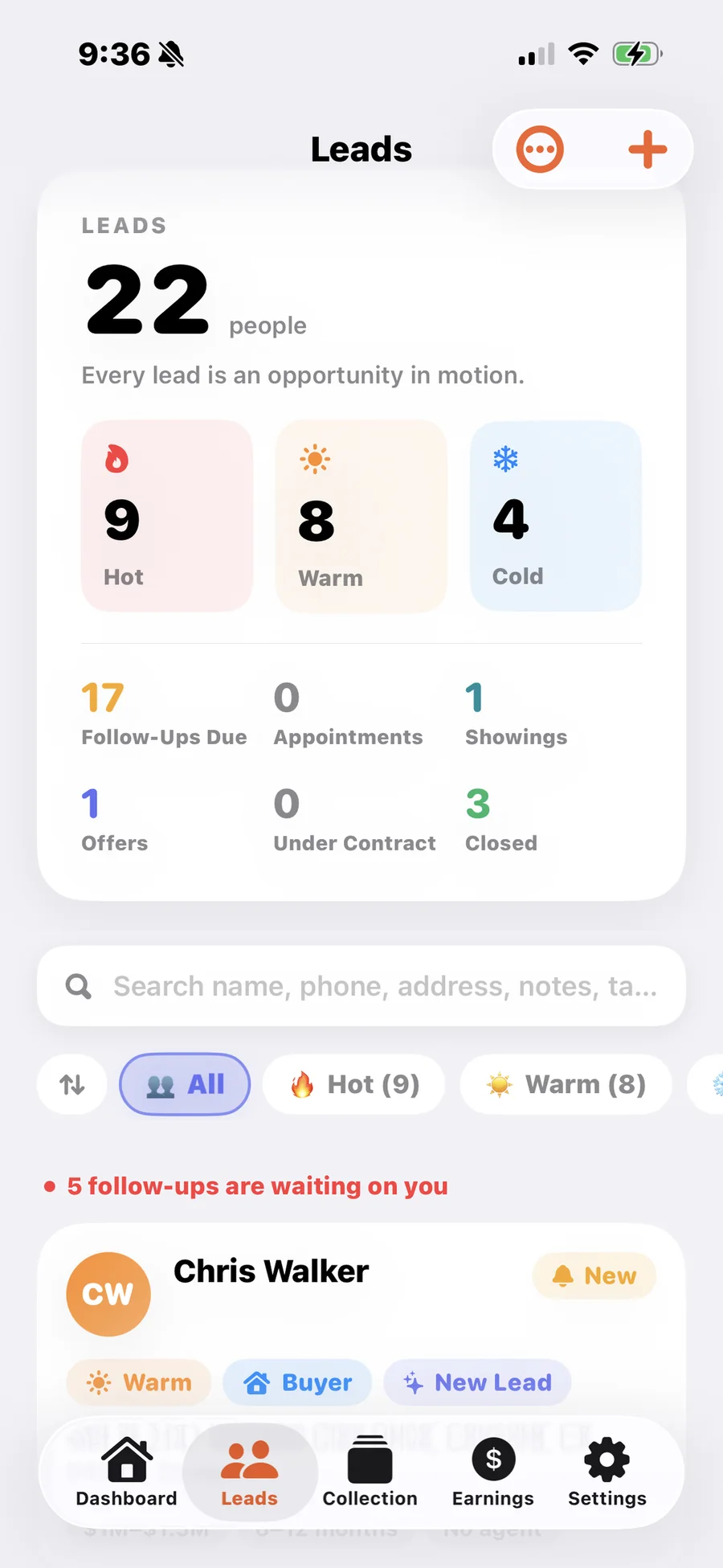 The Zignin Leads screen on iPhone with hot, warm and cold counts, follow ups due, pipeline stages and individual lead cards