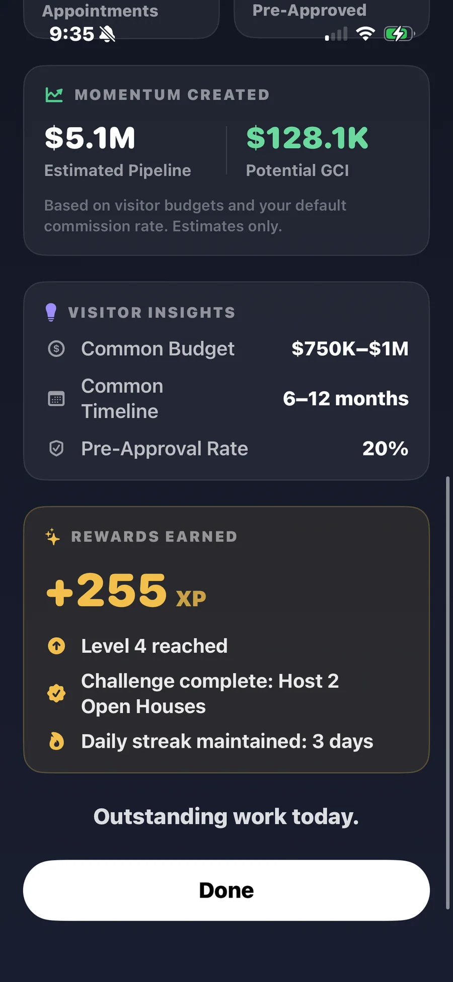 A Zignin open house report on iPhone showing estimated pipeline, visitor insights and the XP, level and streak earned during the session